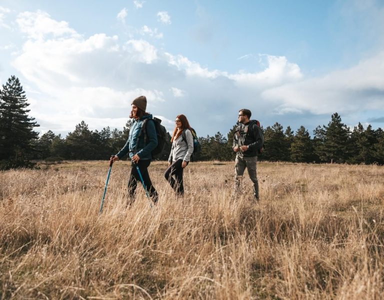 Friends in los angeles walking through los angeles field. sky is blue. there are 3 friends walking together looking happy.