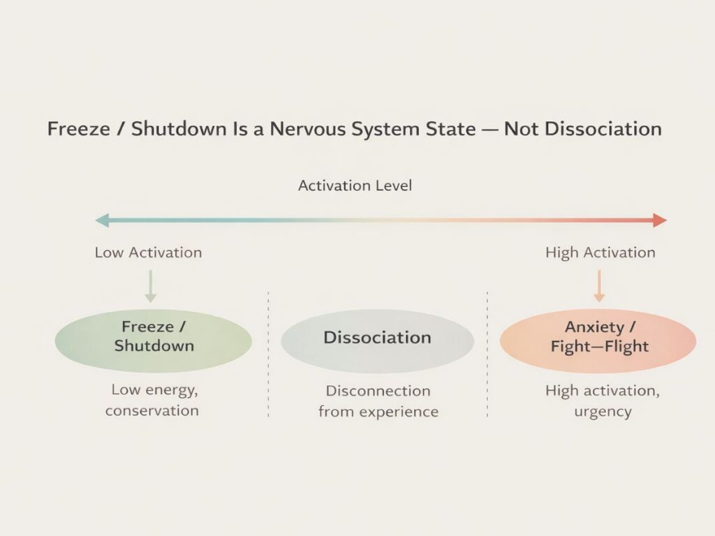 Diagram showing freeze or shutdown as a low-activation nervous system state, distinct from dissociation and high-activation fight-or-flight responses