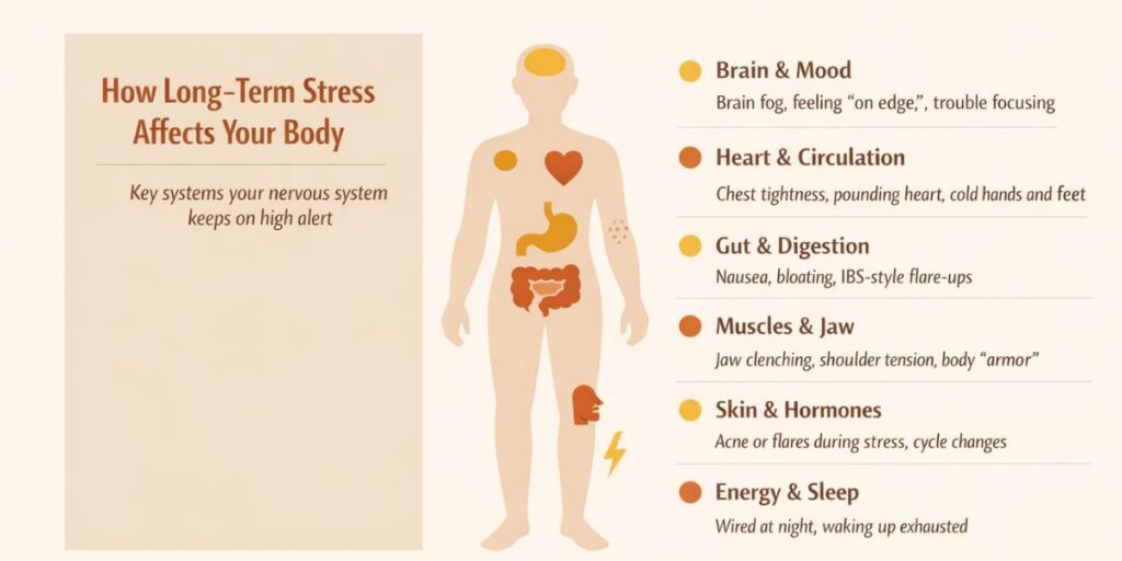 Diagram in warm tan and beige tones showing how long term stress affects the brain, heart, gut, muscles, skin, hormones, energy and sleep.