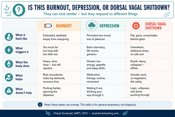 Comparison table showing differences between burnout, depression, and dorsal vagal shutdown — somatic therapist Los Angeles
