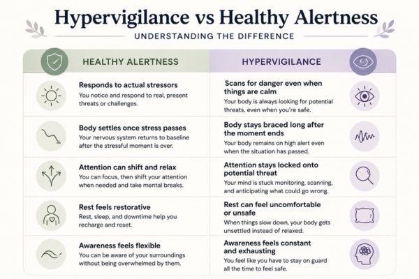 Hypervigilance vs healthy alertness comparison chart — somatic therapy Los Angeles