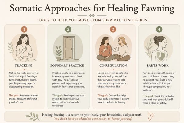 Infographic showing four somatic approaches for healing fawning: tracking, boundary practice, co-regulation, and parts work
