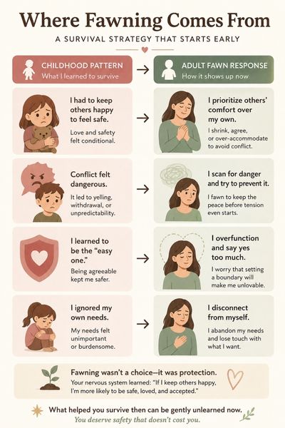 Infographic showing how childhood patterns of caregiver unpredictability lead to the adult fawning trauma response